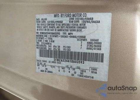 2001 Ford Windstar Se z USA, uszkodzony, nr VIN 2FMZA52441BA03593